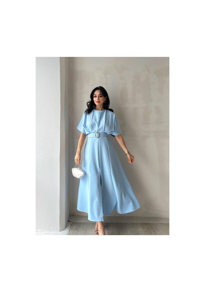 Afiş Butik Kemer Detaylı Yırtmaçlı Piliseli Midi Elbise Bebe Mavisi Bebe Mavisi