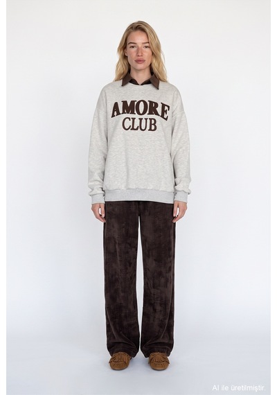 Quzu Polo Yaka Amore Nakışlı Oversize Sweatshirt Bejmelanj Bej - Kahverengi