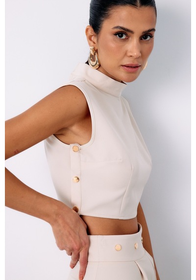 Sateen Çıt Çıt Detaylı Crop Bluz - Bej-134918 BEJ