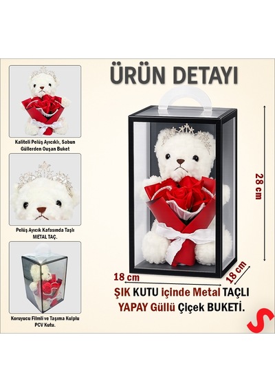 Pvc Kutulu,pelüş Ayıcıklı Ve Metal Taçlı Çiçek Buketi 28cmx18cm Renkli