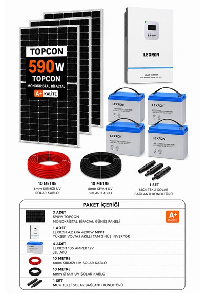 3x590w Topcon Bifacial Güneş Enerjisi Paketi 4.2 Kva Mppt İnverter 4x105ah Jel Akü Off Grid Solar Sistem 3x590w Topcon Bifacial Güneş Enerjisi Paketi 4.2 Kva Mppt İnverter 4x105ah Jel Akü Off Grid Solar Sistem