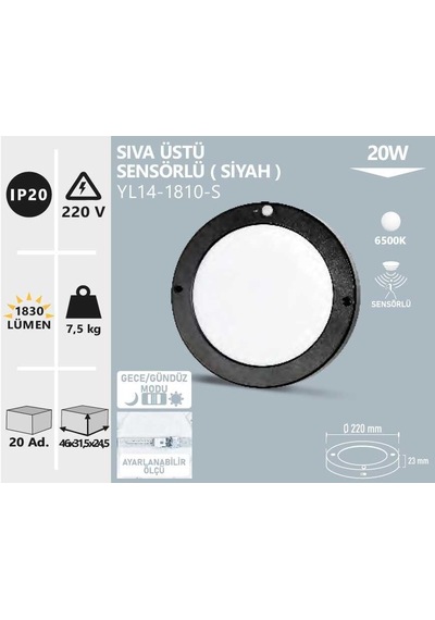 20w Sıva Üstü Siyah Sensörlü Led Panel Yl14-1810-s Siyah