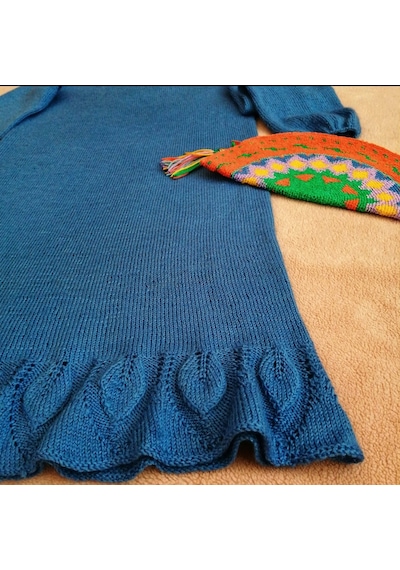 Kemzey Handmade Saks Mavisi Triko Elbise , Örgü Yaprak Desenli Midi Elbise Saks