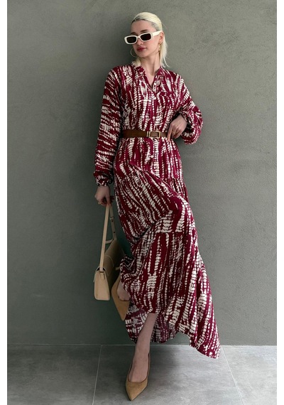 Madmext Bordo Desenli Önü Düğmeli Uzun Kollu Elbise Mg2398 Bordo