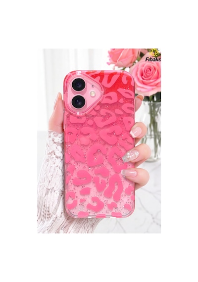 Fibaks iPhone 17 Uyumlu Kılıf Işıltılı Şeffaf Simli Pembe Leopar Desenli Premium Kamera Korumalı Silikon
