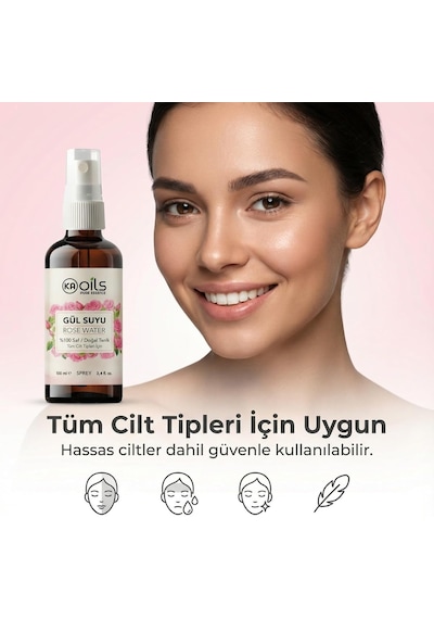 Saf Gül Suyu - 100% Pure Rose Water 100 Ml - Doğal Gül Mayası Hidrolatı - Canlandırıcı Ve Nemlendirici Yüz Toniği Cam Şişe Ve Sprey