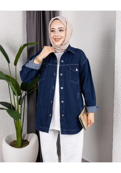 Hb Harma Time Butik Kadın Yıkamalı Cepli Denim Kot Lacivert Ceket