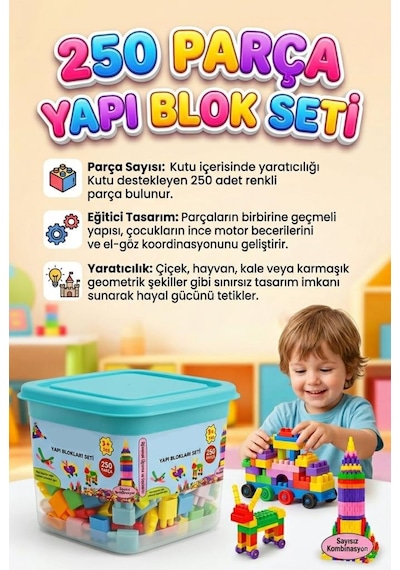 250 Parçalı Saklama Kutulu Renkli Bloklu Eğlenceli Sayısız Kombinasyonlu Eğitici Yapı Oyuncak Seti Mavi