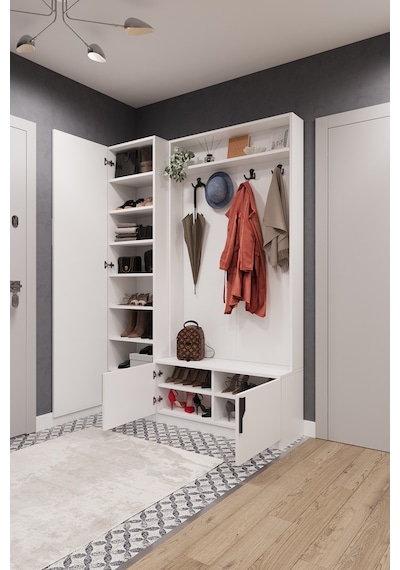 Lüks Çok Raflı Portmanto Askılı Vestiyer %100 Mdf Çok Raflı Ayakkabılık V01 Beyaz
