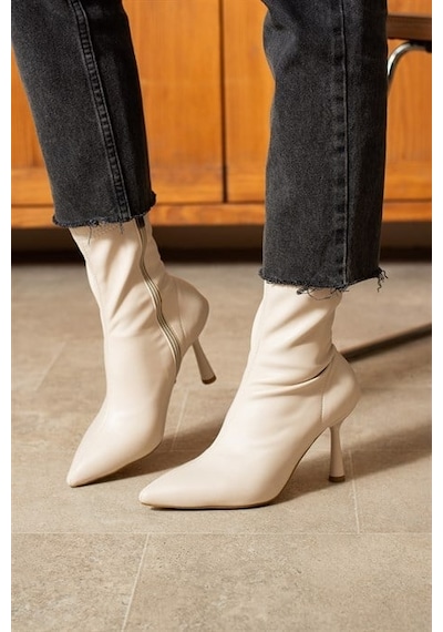 Lebibe Shoes Marya Kadın Bej Streç Cilt Sivri Burun Sıcak Astarlı Fermuarlı 7 Cm İnce Topuklu Bot Bootie