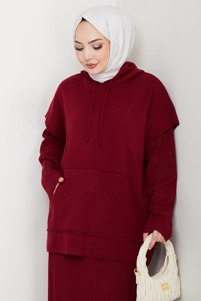 Bestenur Kapüşonlu Tunik Elbise Triko Takım 1645 - Bordo Bordo