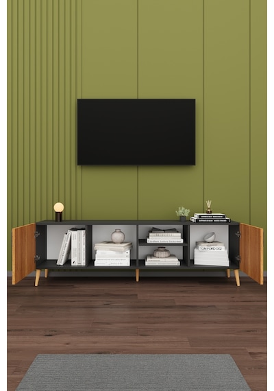 Asra Trend Tv Ünitesi T-13 %100 MDF 180 cm Tv Sehpası Dolaplı Raflı Petra-Koyu Gri