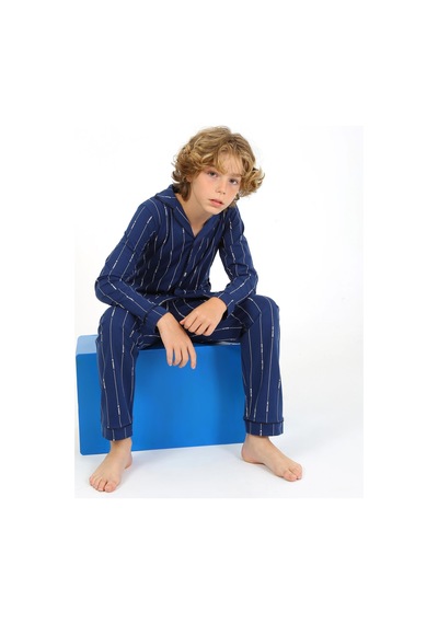 Vitmo Erkek Çocuk Uzun Kollu Pamuklu Düğmeli Pijama Takımı Leo Uzun İndigo