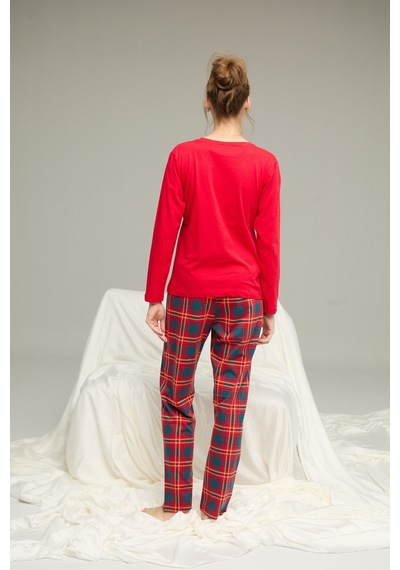Siyah İnci Pamuklu Bisiklet Yaka Örme Pijama Takım25241124 Kırmızı