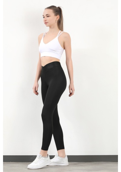 Giysa Kadın Bel Çapraz Lastikli Slim Fit Tayt Siyah - 4019 Siyah