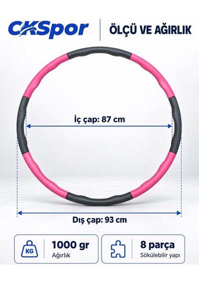 Ckspor Hulahop 93 Cm 1000 Gr 8 Parçalı Dalgalı İç Yüzeyli Egzersiz Çemberi Pembe-gri