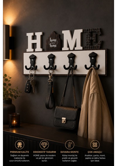 Home Dekoratif Duvar Askılığı 4 Lü 8 Asma Uçlu Mont Çanta Anahtar Askısı 45x20 Cm Gri