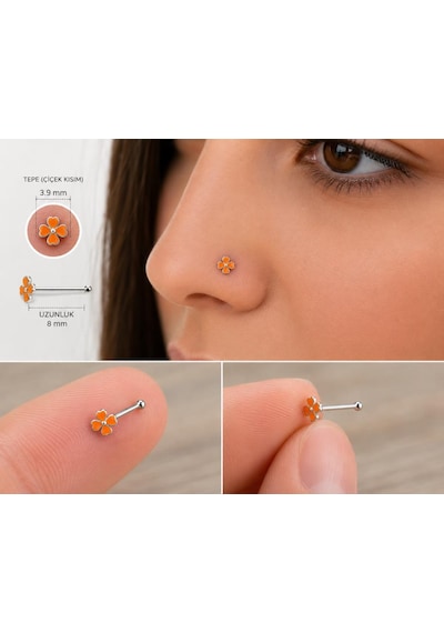 925 Ayar Gümüş Burun Hızması Turuncu Çiçek Desenli Minimal Nose Stud Kadın Erkek Unisex 8 Mm Gri 91926757
