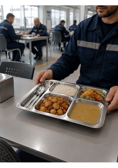 430 Çelik 5 Gözlü Tabldot Tabak Paslanmaz Çelik Self Servis  Fabrika Okul Ev Hastane Kırılmaz Metal Servis Tabağı 4 Adet