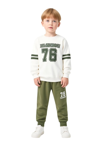 Ersefa Erkek Çocuk Pamuklu Slogan Detaylı Örme Sweatshirt Ve Eşofman Alt Ekru