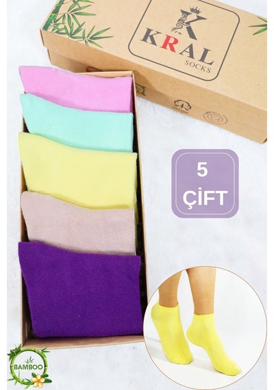 Kral Socks Kadın Çorap Dikişsiz 5 Çift Kutulu Bambu Patik Patik Çorap Seti Asorti