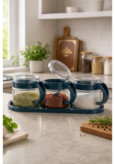 3'lü Standlı Kaşıklı Cam Baharatlık Seti 300 Ml