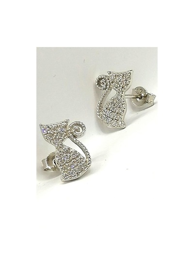 Omar Silver Kadın Kedi Model Zirkon Taşlı Beyaz Gümüş Küpe Omr796