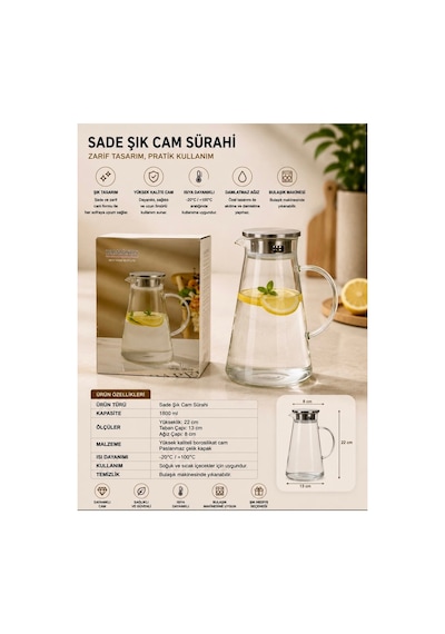 1800 Ml,büyük Boy Borosilikat Cam Sürahi,metal Süzgeç Kapaklı,su,limonata,detoks,çay, Sürahisi
