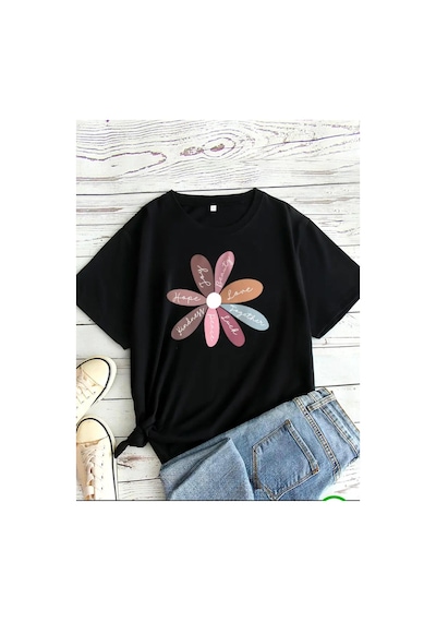 Medinenur Hope You Desen Baskılı Basic T-shirt Siyah