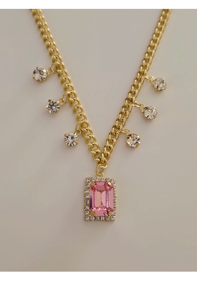 Baget Model Zirkon Taşlı Gold Pembe Renkli Çelik Kolye
