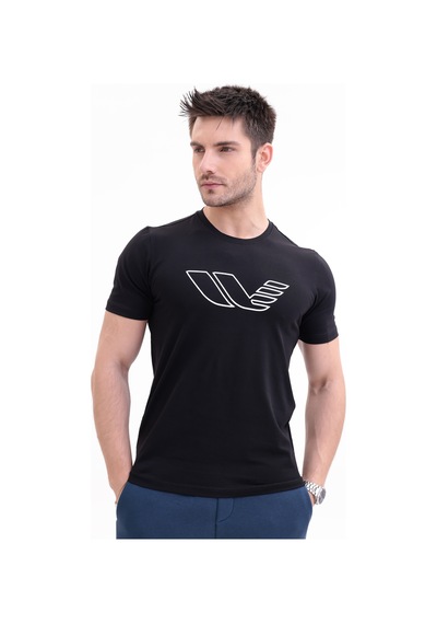 Rowinger 30/1 Süprem Kumaş Bisiklet Yaka Logo Baskılı Kısa Kollu Erkek Tişört Black