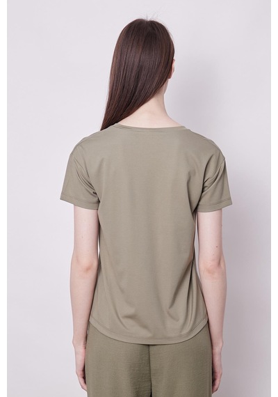 Jument Kadın V Yaka Kısa Kol Likralı Span Kumaş Şık T-shirt Bluz-haki Haki