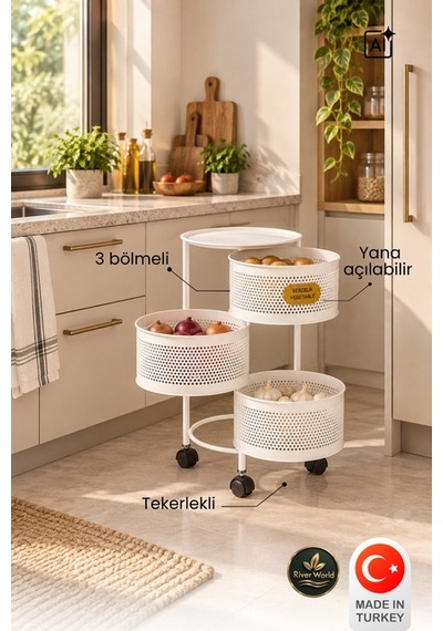 River World Tekerlekli Rengi Beyaz Açılabilen 3 Katlı Çok Amaçlı Metal Raf Mutfak, Balkon, Kiler Çok Renkli