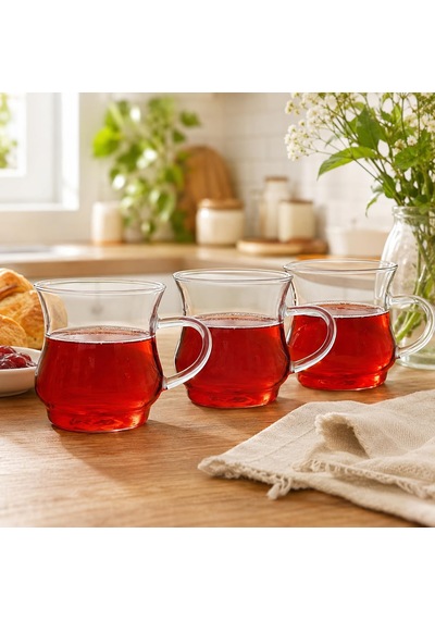 3 Lü Borosilikat Cam Kupa Seti, Kulplu Şeffaf Çay Kahve Latte Ve