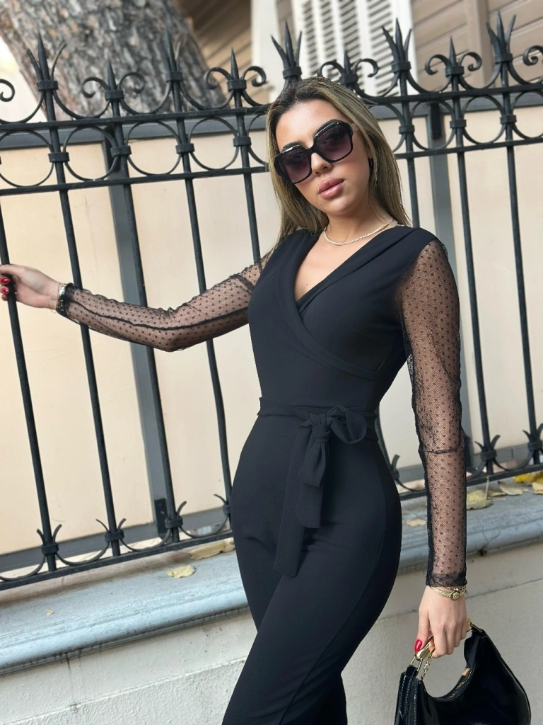 Infivento Kadın Uzun Kollu Kruvaze Yakalı Kolları Tül Detay Beli Kuşaklı Ithal Krep Tulum Siyah Infivento Kadın Uzun Kollu Kruvaze Yakalı Kolları Tül Detay Beli Kuşaklı Ithal Krep Tulum Siyah