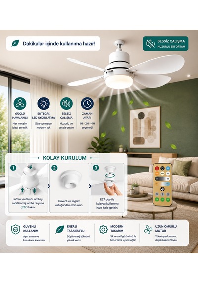 Kumandalı Tavan Vantilatörü E27 Duy Uyumlu Led Aydınlatmalı 40w 3 Renk Işık Sessiz Fan Zaman Ayarlı