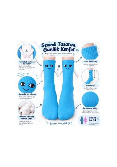 Womanandkids Wak Mıknatıslı El Ele 2'li Unisex Tutuşan Sevimli Çorap 36-44 Çift Hediyesi, Pamuklu Renkli Crew M Mavi