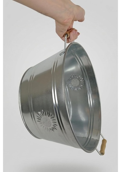 13 Litre Tahta Kulplu Güneş Kabartmalı Metal Leğen - Çok Amaçlı Saksılık Ve Saklama Kabı Galvaniz