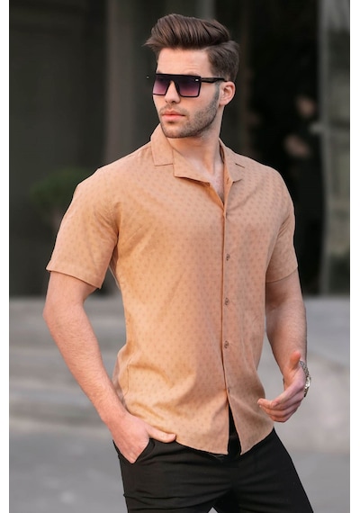 Madmext Camel Slim Fit %100 Pamuk Kısa Kol Erkek Gömlek 5585 Camel