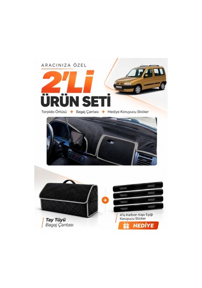 Cıtroen Berlingo M49 1996-2001 Uyumlu Torpido Örtüsü + Tay Tüyü Bagaj Çantası Seti - Siyah Gri