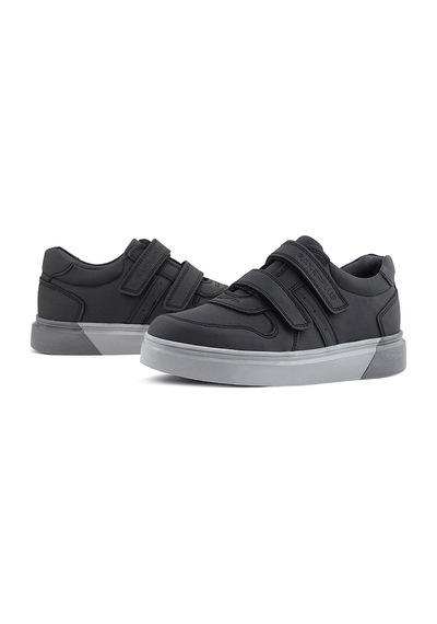 Rakerplus Hakiki Deri Siyah Cilt Gri Tabanlı Cırtlı Erkek Çocuk Sneaker Siyah