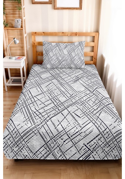 Gri Geometrik Genç Odası Tek Kişilik Pike Takımı - Antrasit Çizgili 160x220 Cm Kapitone Yatak Örtüsü Mavi