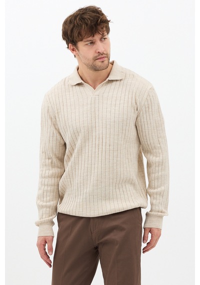 Erkek Bej Slim Fit Uzun Kollu Polo Yaka Triko Kazak Bej