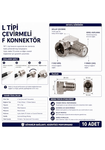 L Tipi Çevirmeli F Konnektör 10 Adet 90 Derece Uydu Anten Kablo Tv Koaksiyel Bağlantı Aparatı