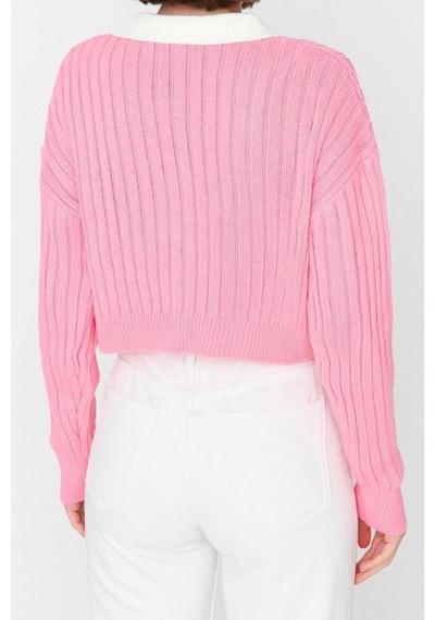 Ersefa Kadın Modern Tarz Regular Bebe Yaka Crop Triko Hırka Pembe