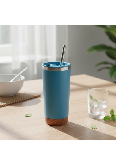 590 Ml Paslanmaz Çelik Pipetli Termos Kupa - 4 Renk Seçeneği Siyah, Yeşil, Gri, Mavi - Sıcak Ve Soğuk Tutan Mug - Araç Ve Ofis Bardağı Mavi Çok Renkli