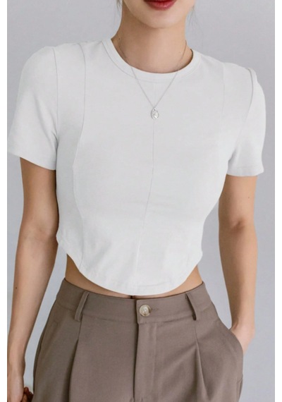Kadın Crop Tişört Slim Fit Basic Kısa Kollu Yazlık Şık Üst Beyaz