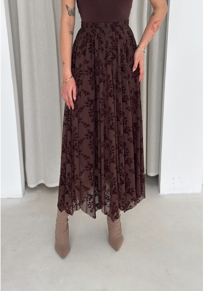 Winmoda34 Kadın Beli Lastikli Tül Baskılı Etek İçi Astarlı Asimetrik Kesim Kahverengi Winmoda34 Kadın Beli Lastikli Tül Baskılı Etek İçi Astarlı Asimetrik Kesim Kahverengi