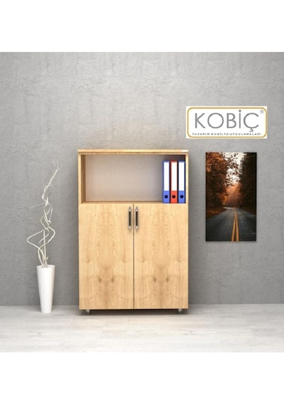 Kobiç Ofis Dosya Dolabı Kilitli Yarım Kapak Suntalam Dolap 80x35x115 Cm Meşe Meşe