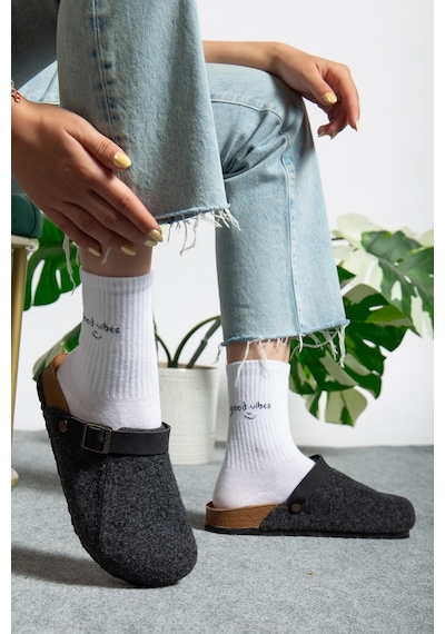 Polomia Comfort Kadın Mantar Taban Eva Kışlık Önü Kapalı Keçe Sabo Outdoor Günlük Rahat Ev Sandalet Flat Terlik Siyah